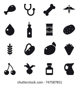 16 vector icon set : chicken leg, drop, berry, cherry, beet, pills bottle, jug