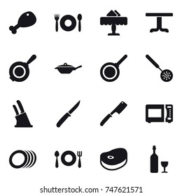 16 vector icon set : chicken leg, cafe, restaurant, table, pan, skimmer, knife holder, knife, chef knife, wine