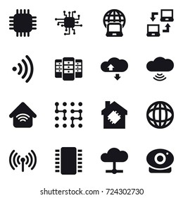 16 vector icon set : chip, notebook globe, notebook connect, wireless, server, cloude service, cloud wireless, wireless home, smart house