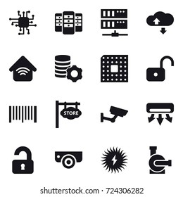 16 vector icon set : chip, server, cloude service, wireless home, virtual mining, cpu, unlock, barcode, store signboard, surveillance, air conditioning, unlocked, surveillance camera, water pump