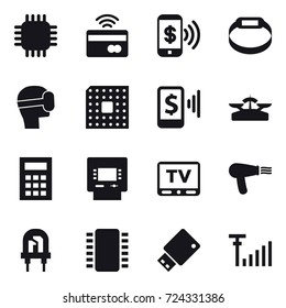 16 Vector Icon Set : Chip, Tap To Pay, Phone Pay, Smart Bracelet, Virtual Mask, Cpu, Mobile Pay, Scales, Calculator, Atm, Tv, Hair Dryer