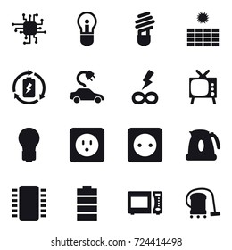 16 vector icon set : chip, bulb, sun power, battery charge, electric car, infinity power, tv, power socket, kettle, vacuum cleaner