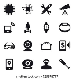 16 vector icon set : chip, pencil wrench, telescope, notebook wireless, hoverboard, smartwatch, smart bracelet, smart glasses, web cam, electrostatic, mobile pay