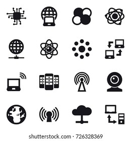 16 vector icon set : chip, notebook globe, atom core, atom, globe connect, round around, notebook connect, notebook wireless, server, antenna, web cam