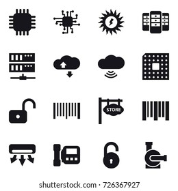16 vector icon set : chip, sun power, server, cloude service, cloud wireless, cpu, unlock, barcode, store signboard, air conditioning, intercome, water pump