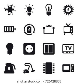 16 vector icon set : chip, bulb, sun power, battery, battery charge, electrostatic, tv, power socket, power switch, kettle, vacuum cleaner