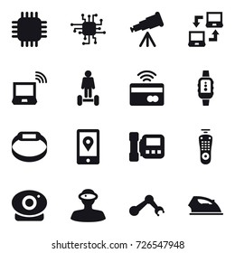 16 vector icon set : chip, telescope, notebook connect, notebook wireless, hoverboard, tap to pay, smartwatch, smart bracelet, intercome, iron