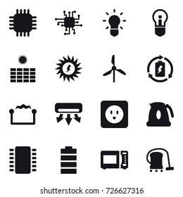 16 vector icon set : chip, bulb, sun power, windmill, battery charge, electrostatic, air conditioning, power socket, kettle, vacuum cleaner