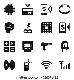 16 Vector Icon Set : Chip, Tap To Pay, Phone Pay, Smart Bracelet, Virtual Mask, Infinity Power, Cpu, Mobile Pay, Calculator, Atm, Hair Dryer