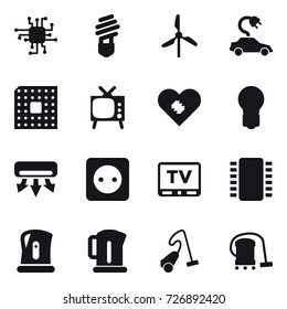 16 vector icon set : chip, bulb, windmill, electric car, cpu, tv, air conditioning, power socket, kettle, vacuum cleaner