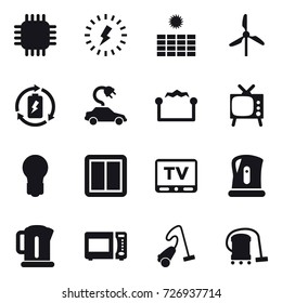 16 vector icon set : chip, lightning, sun power, windmill, battery charge, electric car, electrostatic, tv, bulb, power switch, kettle, vacuum cleaner