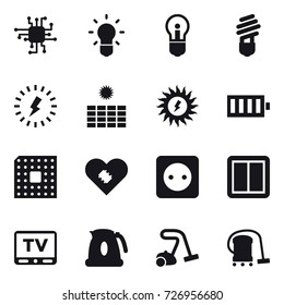 16 vector icon set : chip, bulb, lightning, sun power, battery, cpu, power socket, power switch, tv, kettle, vacuum cleaner