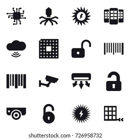 16 vector icon set : chip, virus, sun power, server, cloud wireless, cpu, unlock, barcode, surveillance, air conditioning, unlocked, surveillance camera