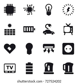 16 vector icon set : chip, bulb, lightning, sun power, battery, electric car, tv, air conditioning, power socket, kettle