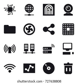 16 vector icon set : chip, globe connect, fingerprint, web cam, cooler fan, trash bin