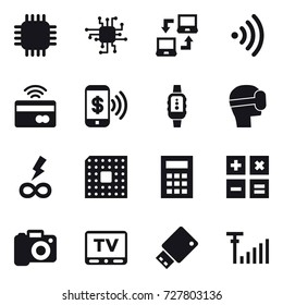 16 vector icon set : chip, notebook connect, wireless, tap to pay, phone pay, smartwatch, virtual mask, infinity power, cpu, calculator, camera, tv