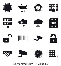 16 vector icon set : chip, sun power, server, cloude service, cloud wireless, cpu, unlock, barcode, surveillance, unlocked, surveillance camera