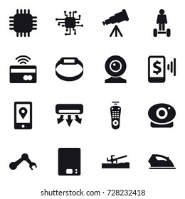 16 vector icon set : chip, telescope, hoverboard, tap to pay, smart bracelet, web cam, mobile pay, air conditioning, kitchen scales, soil cutter, iron