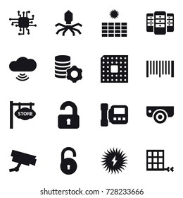 16 vector icon set : chip, virus, sun power, server, cloud wireless, virtual mining, cpu, barcode, store signboard, unlocked, intercome, surveillance camera