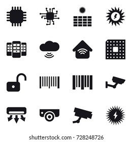 16 vector icon set : chip, sun power, server, cloud wireless, wireless home, cpu, unlock, barcode, surveillance, air conditioning, surveillance camera