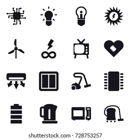 16 vector icon set : chip, bulb, sun power, windmill, infinity power, tv, air conditioning, power switch, vacuum cleaner, kettle