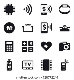 16 vector icon set : chip, wireless, phone pay, smart bracelet, crypto currency, electrostatic, mobile pay, scales, calculator, camera, remote control, tv
