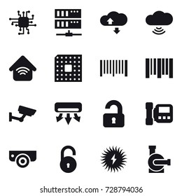 16 vector icon set : chip, server, cloude service, cloud wireless, wireless home, cpu, barcode, surveillance, air conditioning, unlocked, intercome, surveillance camera, water pump