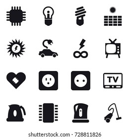 16 vector icon set : chip, bulb, sun power, electric car, infinity power, tv, power socket, kettle, vacuum cleaner