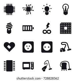16 vector icon set : chip, bulb, battery, infinity power, cpu, power socket, vacuum cleaner