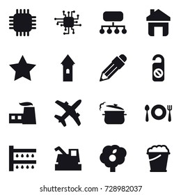 16 vector icon set : chip, structure, home, star, tower, pencil, do not distrub, steam pan, watering, harvester, garden, foam bucket