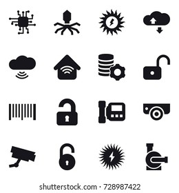 16 vector icon set : chip, virus, sun power, cloude service, cloud wireless, wireless home, virtual mining, unlock, barcode, unlocked, intercome, surveillance camera, water pump