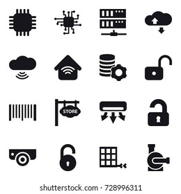 16 vector icon set : chip, server, cloude service, cloud wireless, wireless home, virtual mining, unlock, barcode, store signboard, air conditioning, unlocked, surveillance camera, water pump