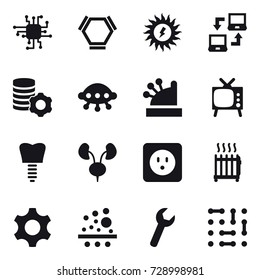 16 vector icon set : chip, hex molecule, sun power, notebook connect, virtual mining, ufo, cashbox, tv, power socket, radiator