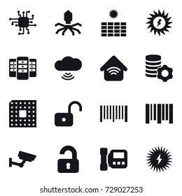 16 vector icon set : chip, virus, sun power, server, cloud wireless, wireless home, virtual mining, cpu, unlock, barcode, surveillance, unlocked, intercome