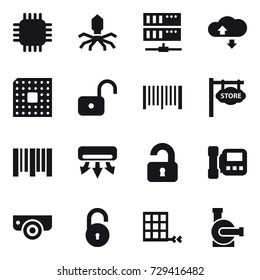16 vector icon set : chip, virus, server, cloude service, cpu, unlock, barcode, store signboard, air conditioning, unlocked, intercome, surveillance camera, water pump