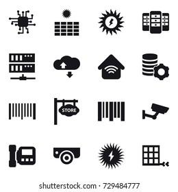 16 vector icon set : chip, sun power, server, cloude service, wireless home, virtual mining, barcode, store signboard, surveillance, intercome, surveillance camera