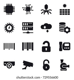 16 vector icon set : chip, virus, sun power, server, cloude service, virtual mining, barcode, unlocked, intercome, surveillance camera, water pump