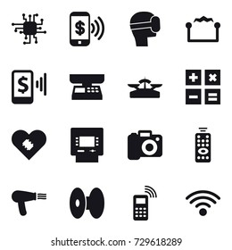 16 vector icon set : chip, phone pay, virtual mask, electrostatic, mobile pay, market scales, scales, calculator, atm, camera, remote control, hair dryer