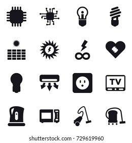 16 vector icon set : chip, bulb, sun power, infinity power, air conditioning, power socket, tv, kettle, vacuum cleaner