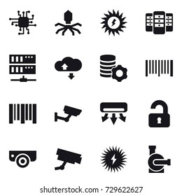 16 vector icon set : chip, virus, sun power, server, cloude service, virtual mining, barcode, surveillance, air conditioning, unlocked, surveillance camera, water pump