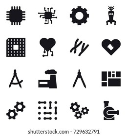 16 vector icon set : chip, gear, dna modify, cpu, cardio chip, draw compass, factory, drawing compass, gears, water pump