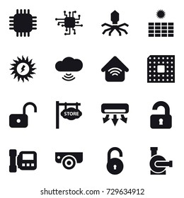 16 vector icon set : chip, virus, sun power, cloud wireless, wireless home, cpu, unlock, store signboard, air conditioning, unlocked, intercome, surveillance camera, water pump