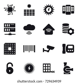 16 vector icon set : chip, sun power, server, cloud wireless, wireless home, virtual mining, cpu, barcode, surveillance, intercome, water pump