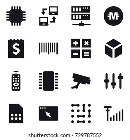 16 vector icon set : chip, notebook connect, server, crypto currency, receipt, barcode, calculator, 3d, remote control