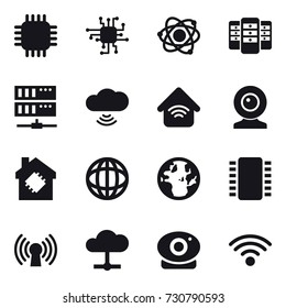 16 vector icon set : chip, atom, server, cloud wireless, wireless home, web cam, smart house