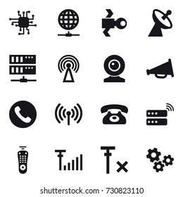 16 vector icon set : chip, globe connect, satellite, satellite antenna, server, antenna, web cam, loudspeaker, phone, wireless, gears