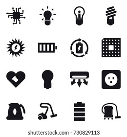 16 vector icon set : chip, bulb, sun power, battery, battery charge, cpu, air conditioning, power socket, kettle, vacuum cleaner