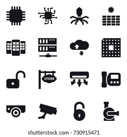 16 vector icon set : chip, virus, sun power, server, cloude service, cpu, unlock, store signboard, air conditioning, intercome, surveillance camera, water pump