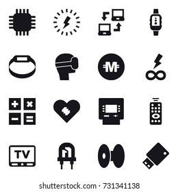 16 vector icon set : chip, lightning, notebook connect, smartwatch, smart bracelet, virtual mask, crypto currency, infinity power, calculator, atm, remote control, tv