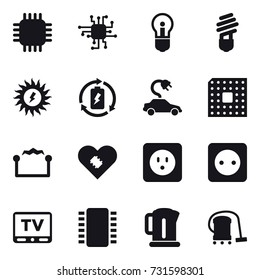 16 vector icon set : chip, bulb, sun power, battery charge, electric car, cpu, electrostatic, power socket, tv, kettle, vacuum cleaner